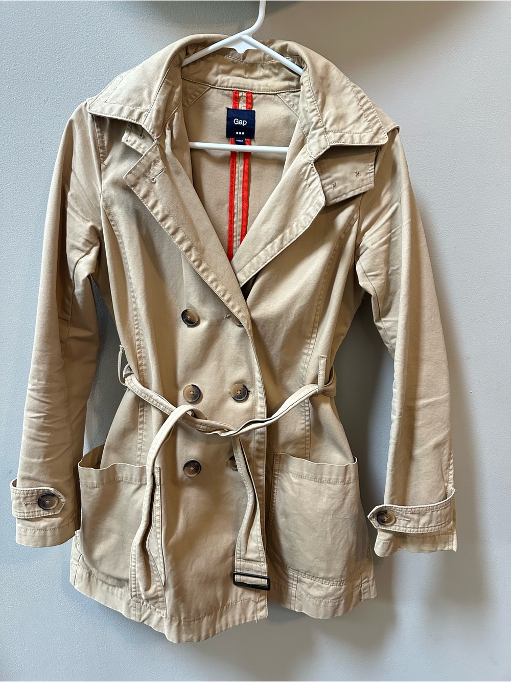 VTG GAP Women's Brit Trench Coat Double Breasted Belted Tan Khaki Size S Y2K